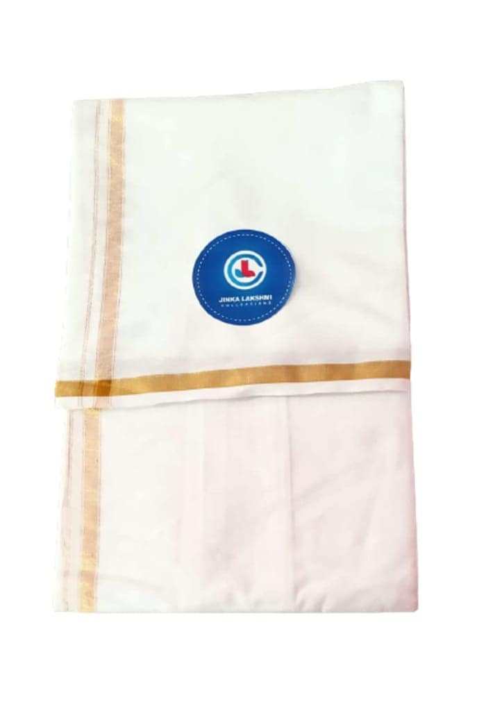 JINKA LAKSHMI COLLECTIONS 100% Cotton White Lungi 2 Meters Unstitched Pack of 1 (Gold Border) view 2