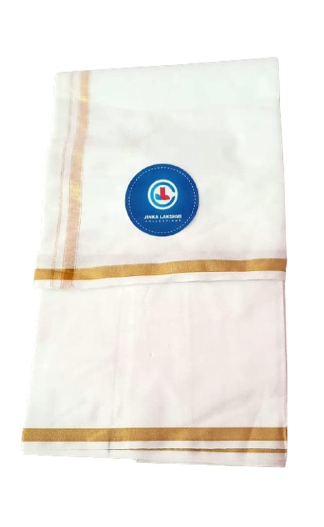 JINKA LAKSHMI COLLECTIONS 100% Cotton White Lungi 2 Meters Unstitched Pack of 1 (Gold Border) view 3