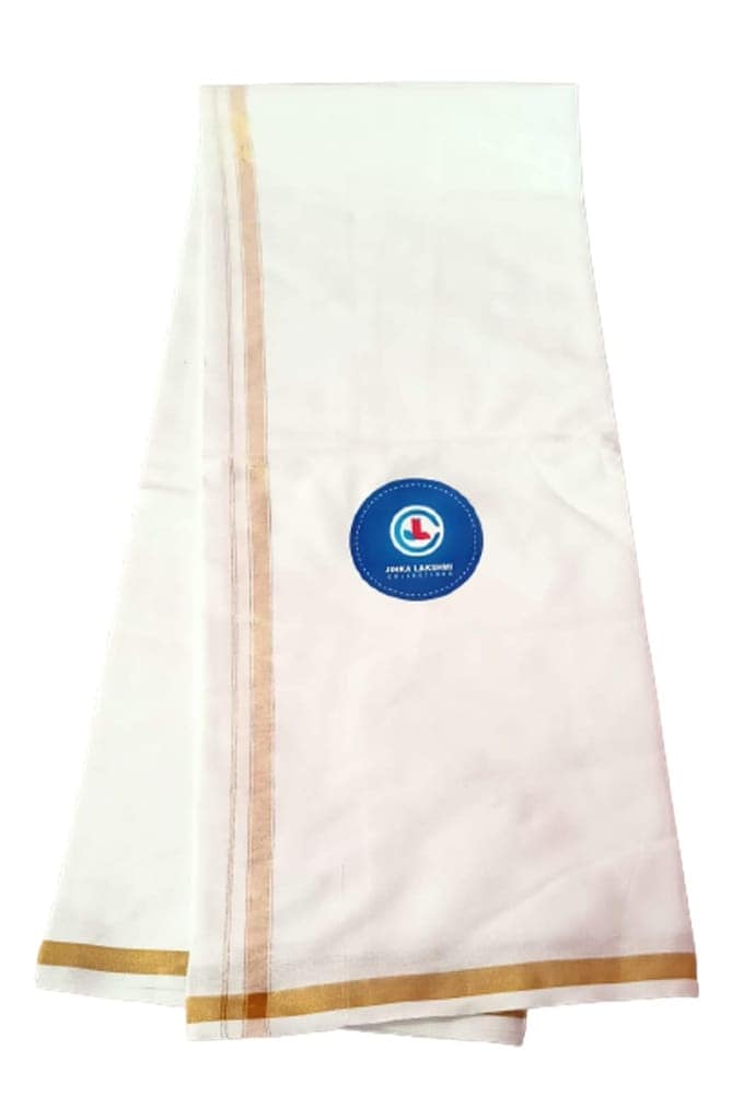 JINKA LAKSHMI COLLECTIONS 100% Cotton White Lungi 2 Meters Unstitched Pack of 1 (Gold Border) view 4