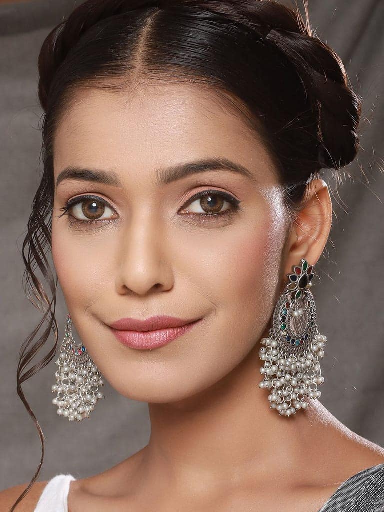 Oxidised Silver Plated Nav Ratan Stoned & Pearl Beaded Chanbali Chandelier Earrings view 3
