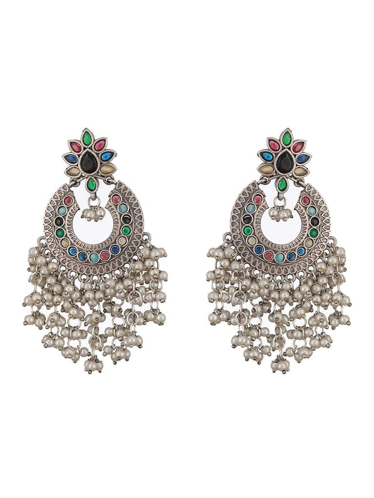 Oxidised Silver Plated Nav Ratan Stoned & Pearl Beaded Chanbali Chandelier Earrings view 4