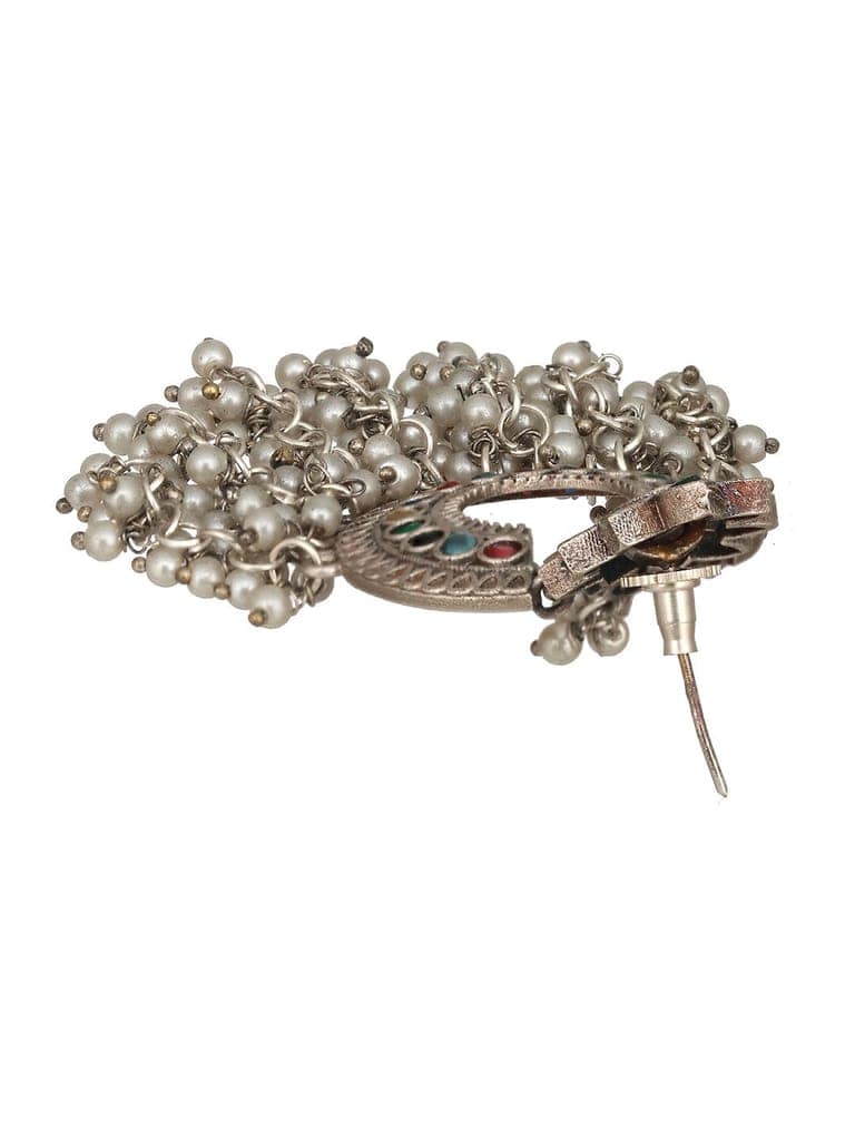 Oxidised Silver Plated Nav Ratan Stoned & Pearl Beaded Chanbali Chandelier Earrings view 5