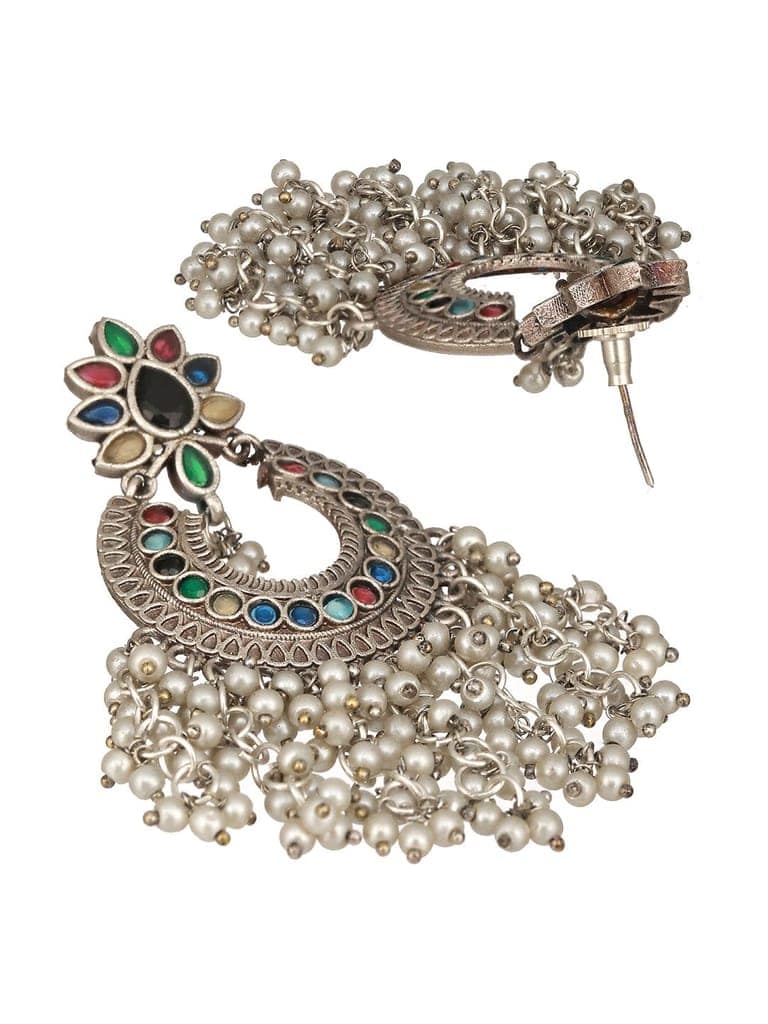 Oxidised Silver Plated Nav Ratan Stoned & Pearl Beaded Chanbali Chandelier Earrings view 7
