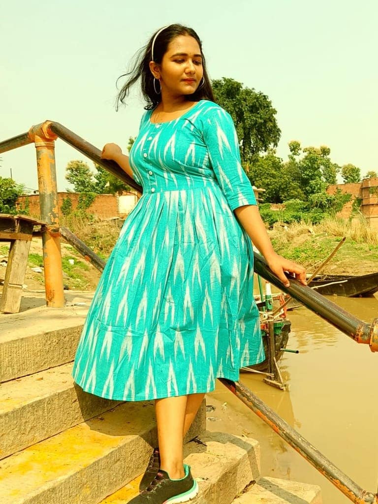 Pure Cotton Ikkat Dress Turquoise Blue Colour (Size XXS(32) to Plus Size(56))-6974 view 3