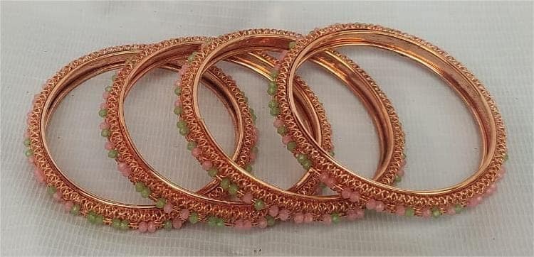Set of 4 Copper Bangles with Pink and Green Beads view 3