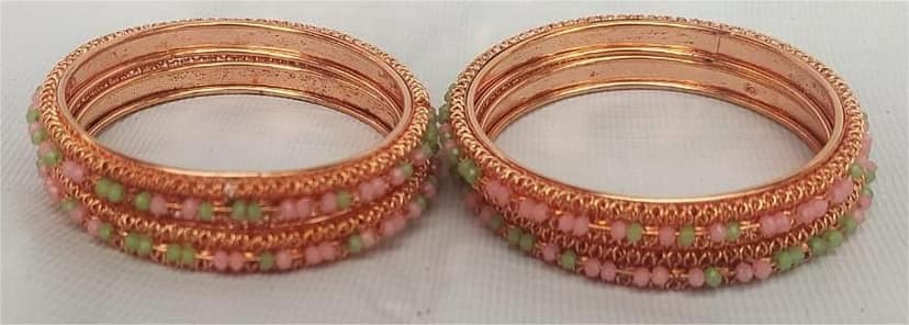 Set of 4 Copper Bangles with Pink and Green Beads view 4