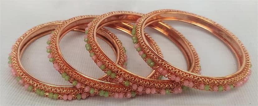 Set of 4 Copper Bangles with Pink and Green Beads view 5