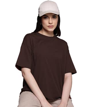 Leotude Women Cotton Blend Solid Oversized Fit Round Neck T-Shirt ( Brown )