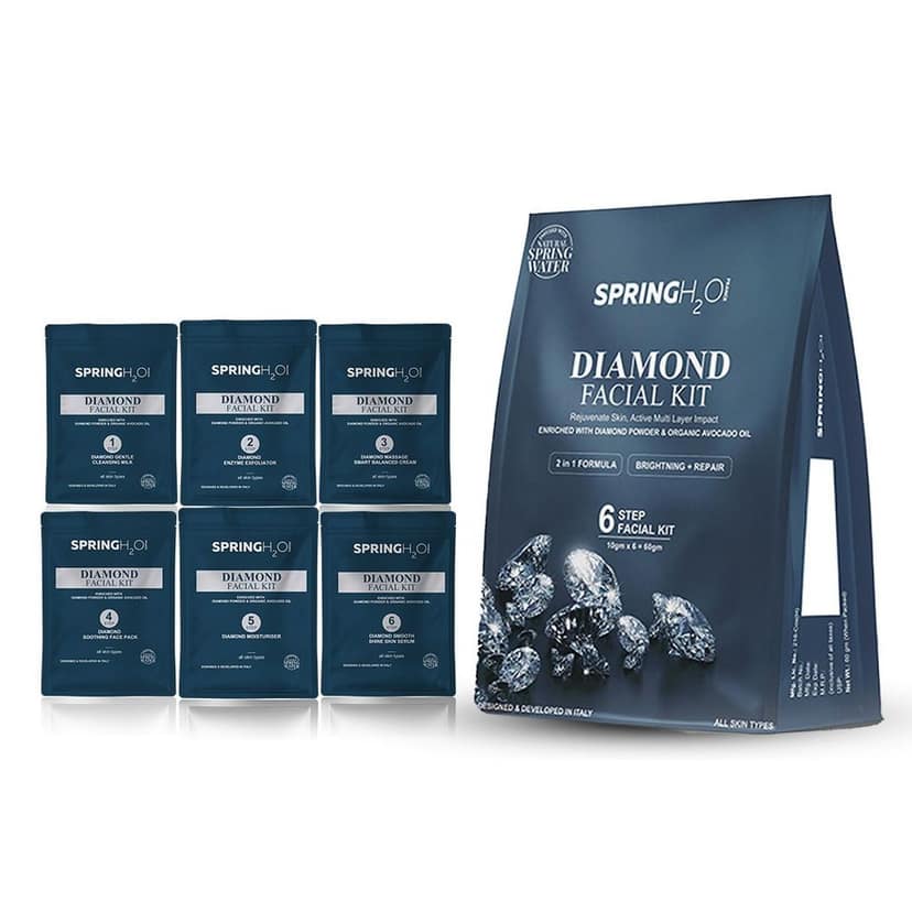 Spring H2O Diamond Facial Kit - Rejuvenate Skin, Active Multi Layer Impact, Enriched with Diamond Powder & Organic Avocado Oil, 2 in 1 Formula, Brightening & Repair, 6 Step Facial Kit 60gm view 4