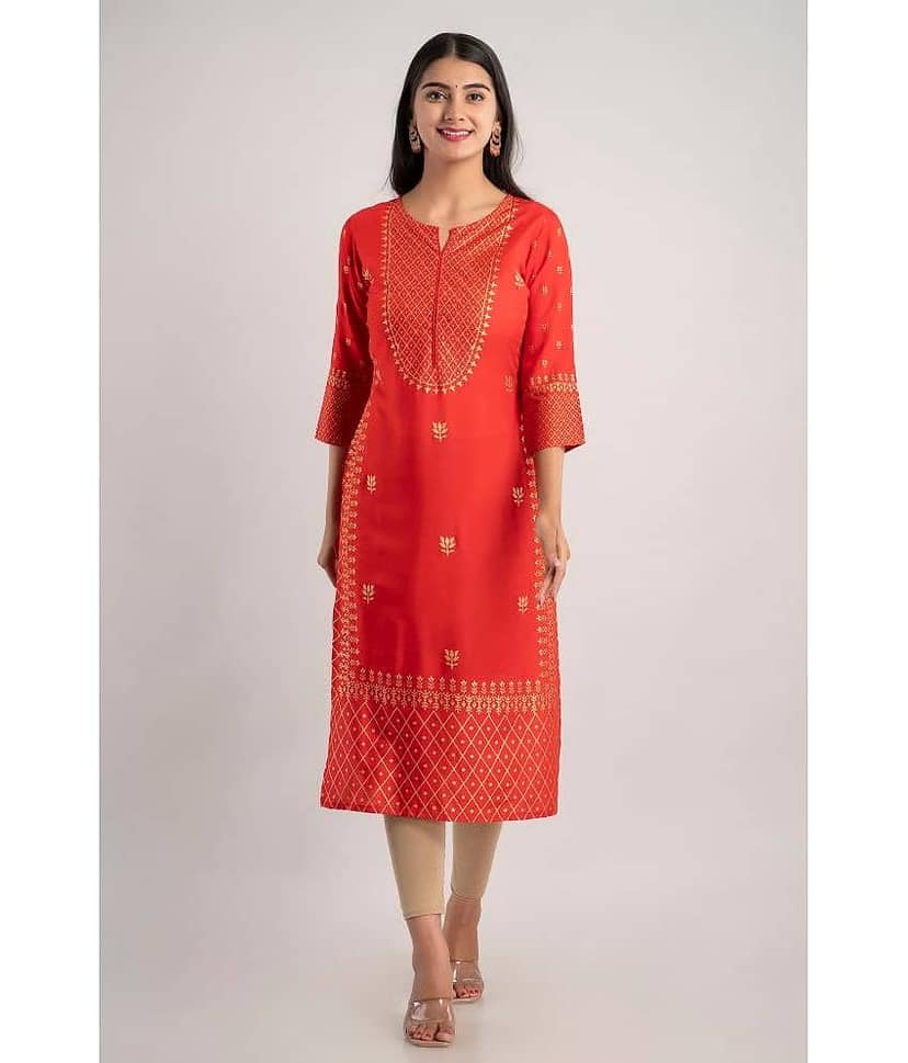 MAUKA - Red Rayon Women's Straight Kurti ( Pack of 1 )