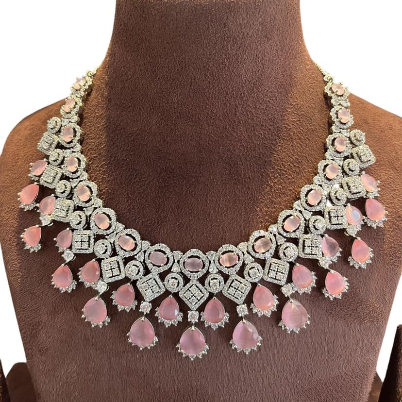 Stunning Silver Plated Pink Stone Necklace Set By Dia Art Jewels view 3