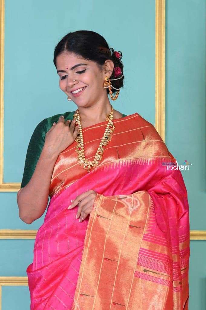 ROYAL WEAVE! Authentic Handloom Pure Silk Hot Pink Triple Muniya Border Paithani With Checks All Over view 2