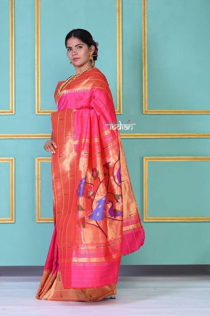 ROYAL WEAVE! Authentic Handloom Pure Silk Hot Pink Triple Muniya Border Paithani With Checks All Over view 3
