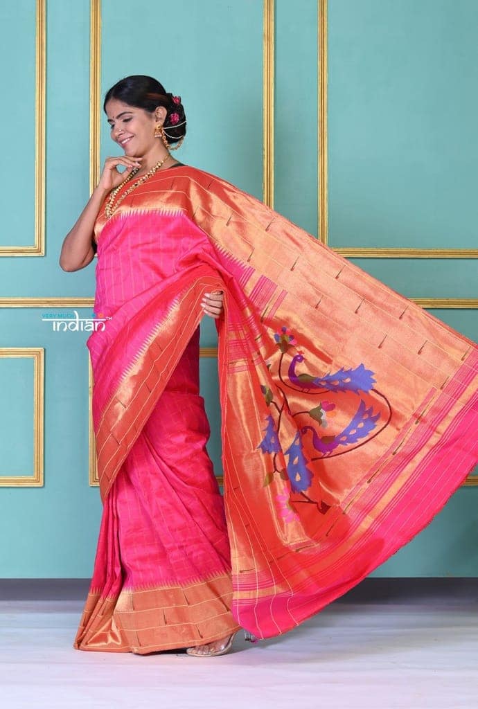 ROYAL WEAVE! Authentic Handloom Pure Silk Hot Pink Triple Muniya Border Paithani With Checks All Over view 4