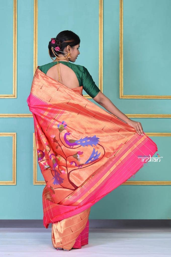 ROYAL WEAVE! Authentic Handloom Pure Silk Hot Pink Triple Muniya Border Paithani With Checks All Over view 5
