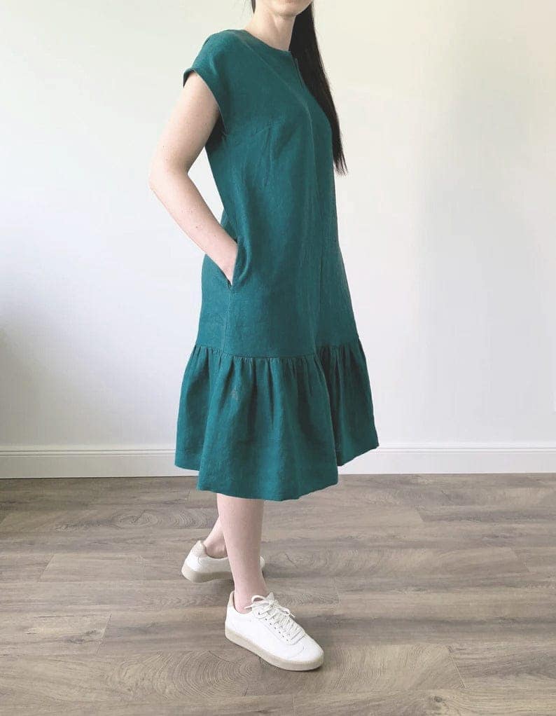 Viridian Green Loose Fit Midi Dress with Belt and Pockets view 3