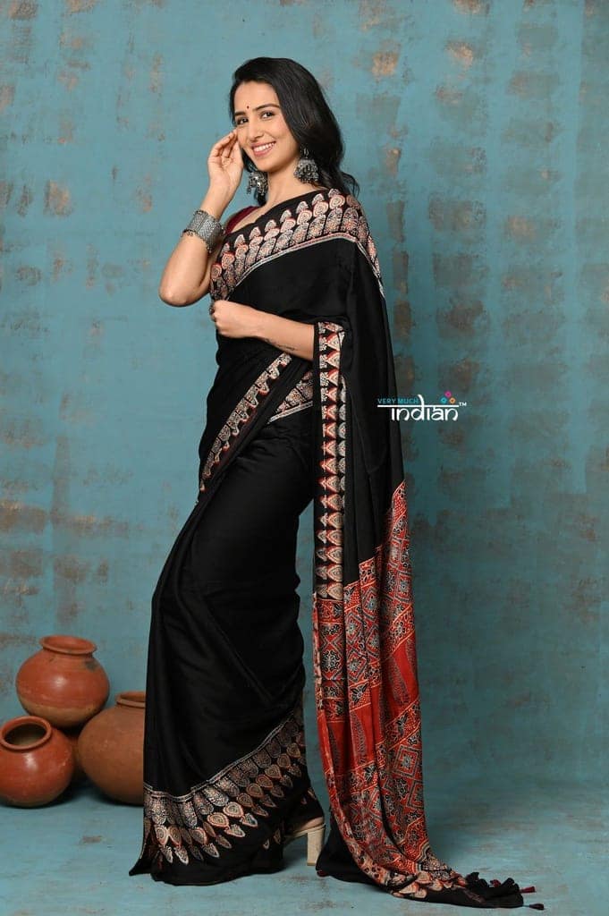 Handloom Modal Silk Saree With Ajrakh Handblock Print With Eco-Friendly Vegetable Dye ~ Onyx Black view 2