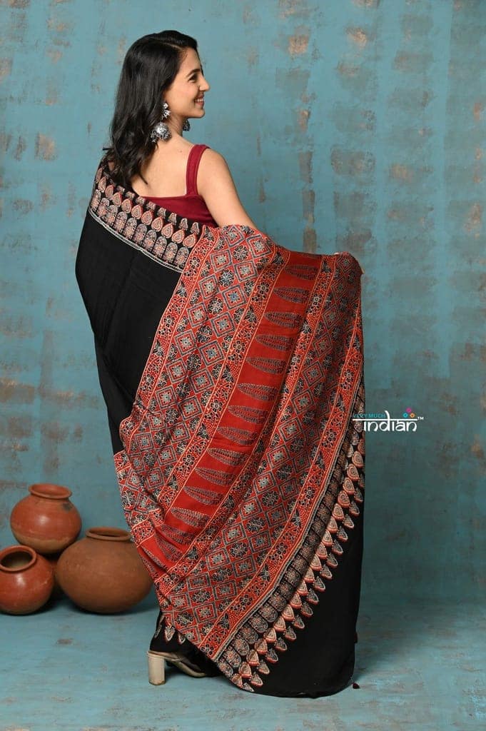 Handloom Modal Silk Saree With Ajrakh Handblock Print With Eco-Friendly Vegetable Dye ~ Onyx Black view 3