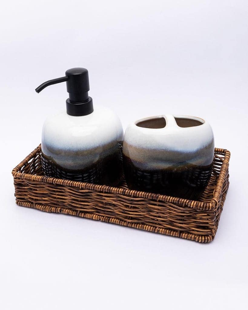 Market99 Bathroom Set, Rust Proof Chrome Finish, with Wooden Top, Blue, Ceramic