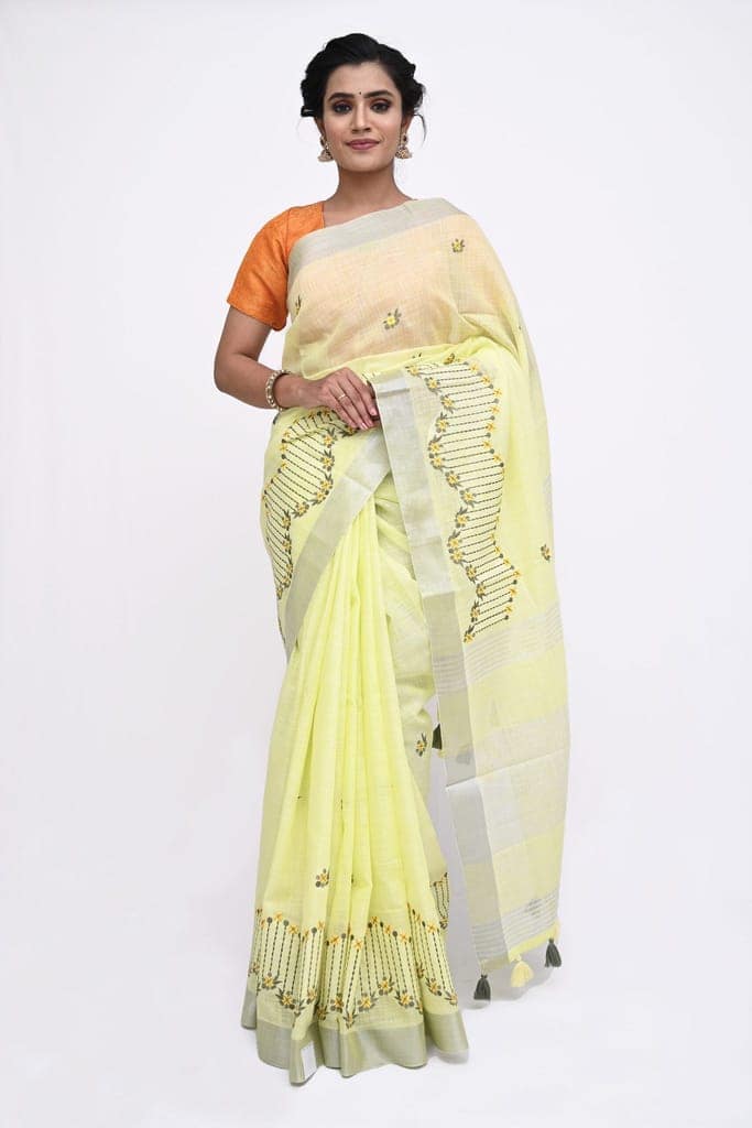Light Yellow Linen Saree With Modish Work and Resham Border