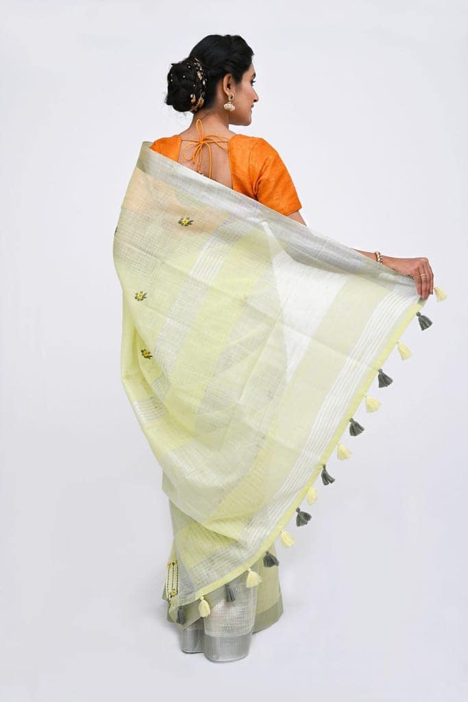 Light Yellow Linen Saree With Modish Work and Resham Border view 2