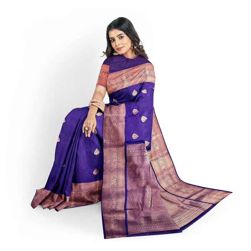 Navy Blue Color Thilagam Butta Saree with Unstitched Blouse view 4