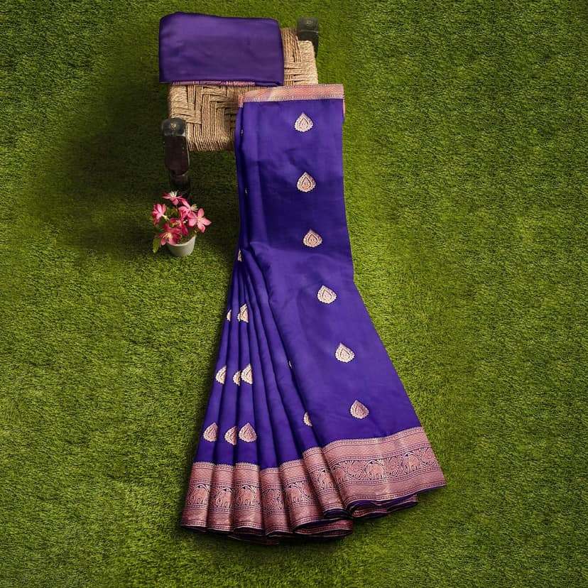 Navy Blue Color Thilagam Butta Saree with Unstitched Blouse view 5