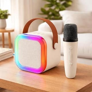 K12 Mini Karaoke Speaker with Wireless Mic, Bluetooth Connectivity, RGB Lighting, USB/TF Card Support & Portable Carry Handle