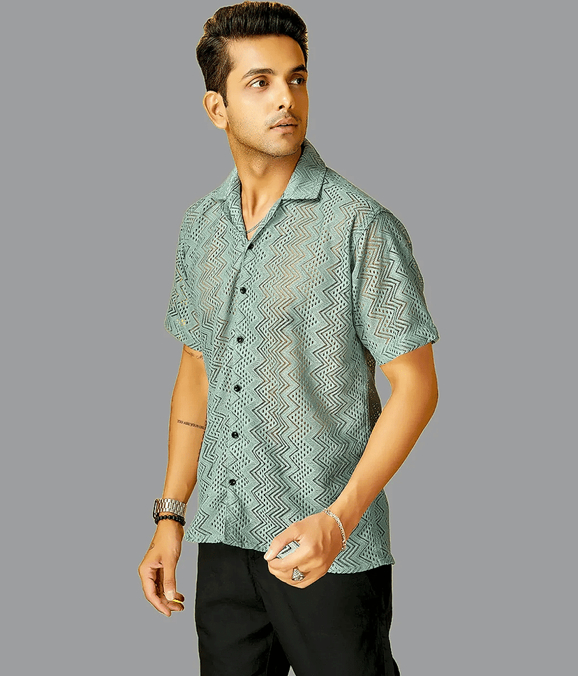 HARPITA Cotton Blend Oversized Fit Self Design Half Sleeves Men's Casual Shirt - Olive ( Pack of 1 ) view 2