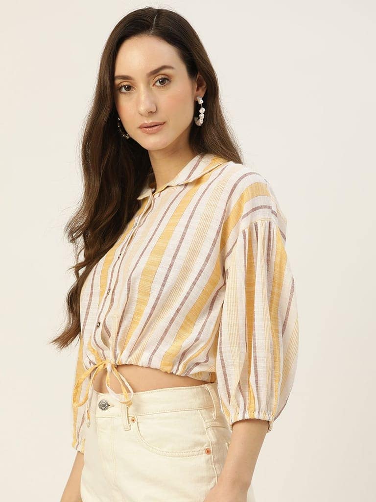Rue Collection White & Yellow Striped Crop Top view 2