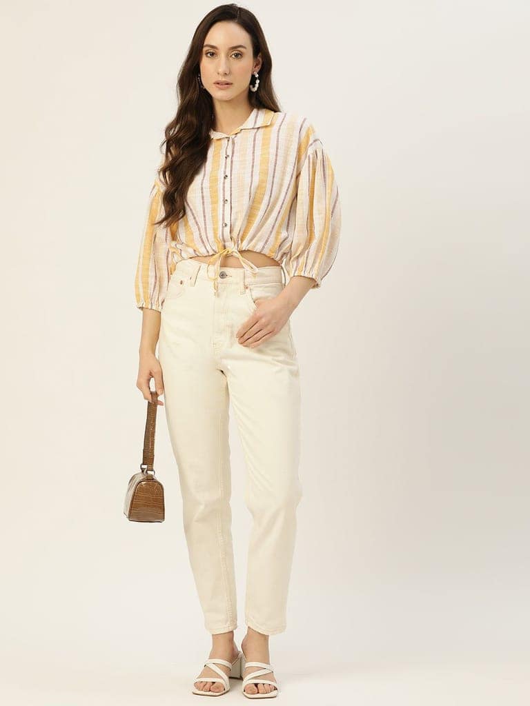 Rue Collection White & Yellow Striped Crop Top view 4
