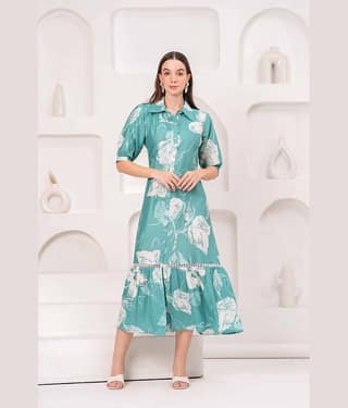 JC4U Women Crepe Printed Fit & Flare Dress ( Green )