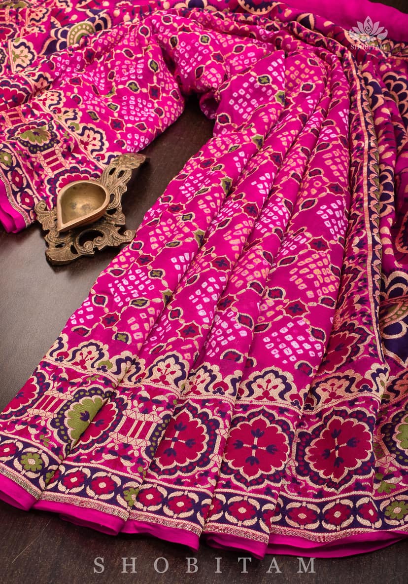 Exclusive Design Multi - Meenakari Jaal Pure Georgette Banarasi Saree with Authentic Hand Bandhej in Pink | SILK MARK CERTIFIED view 5