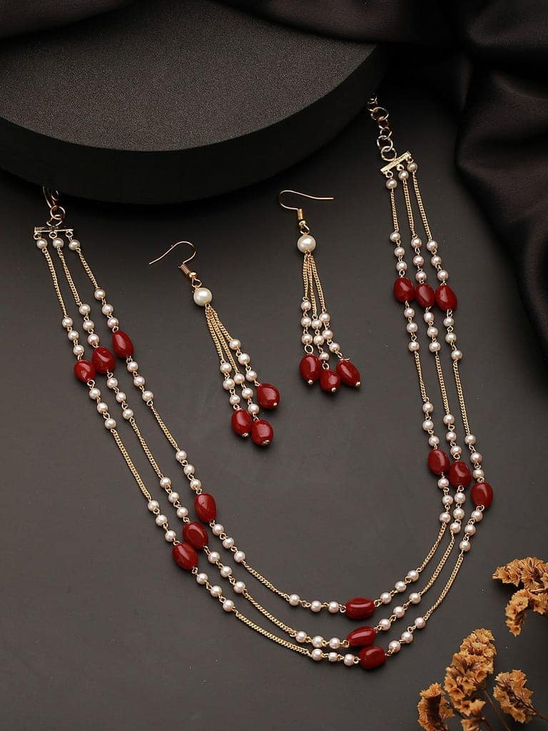 Gold Plated Red Pearl Maala Necklace Jewellery Set view 2