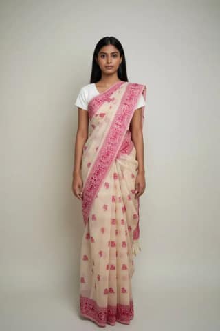 Bomkai Sonepuri Cream Cotton Saree Magenta Pink Buti Border