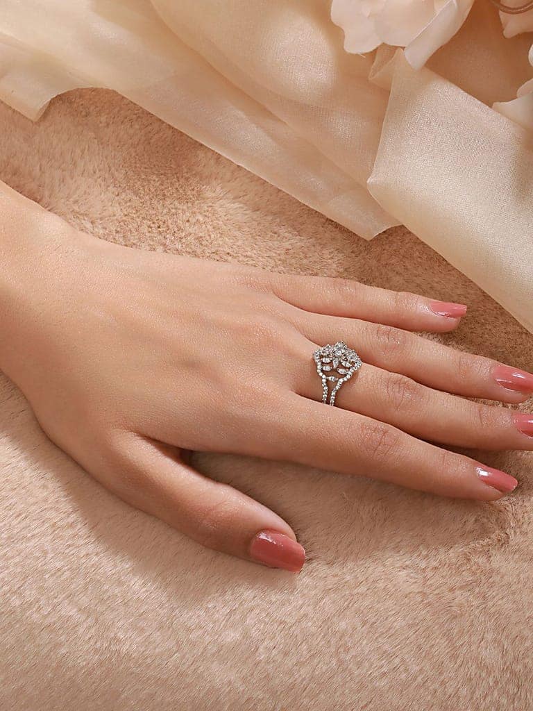 Silver Plated AD Studded Floral Delicate Engagement Finger BandRing
