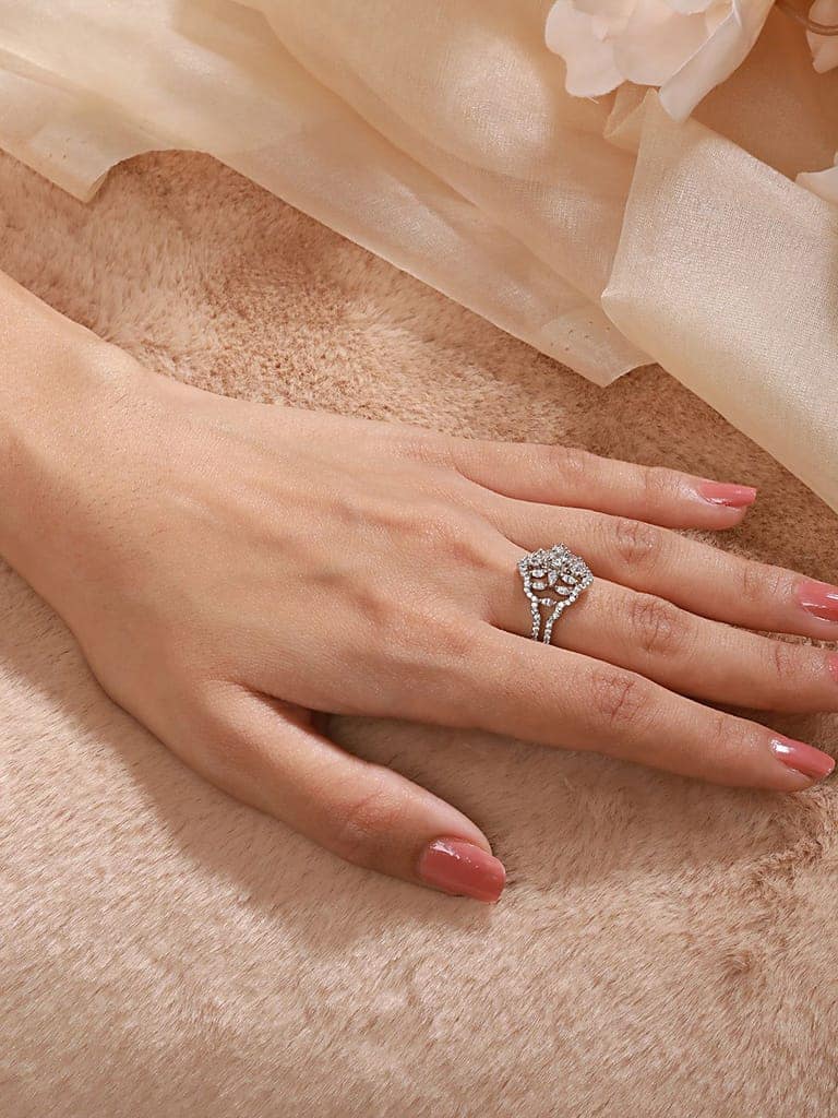 Silver Plated AD Studded Floral Delicate Engagement Finger BandRing view 4