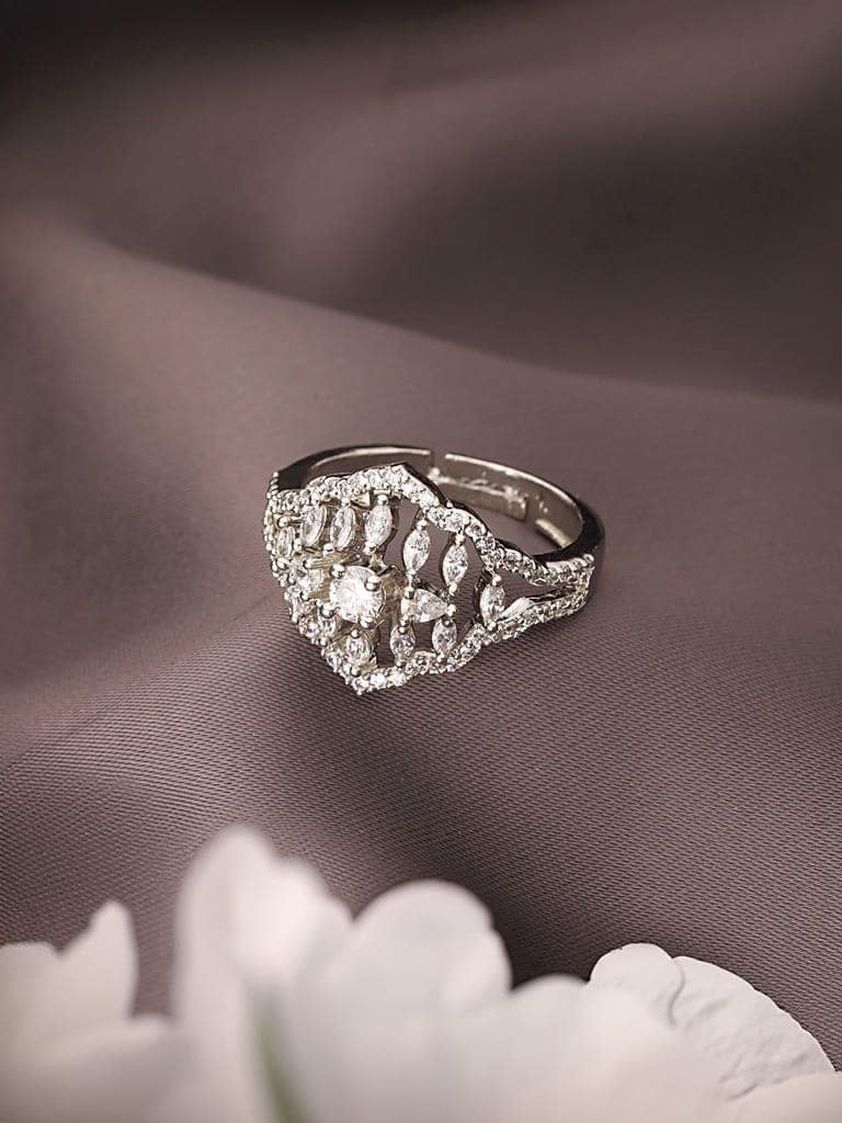 Silver Plated AD Studded Floral Delicate Engagement Finger BandRing view 5