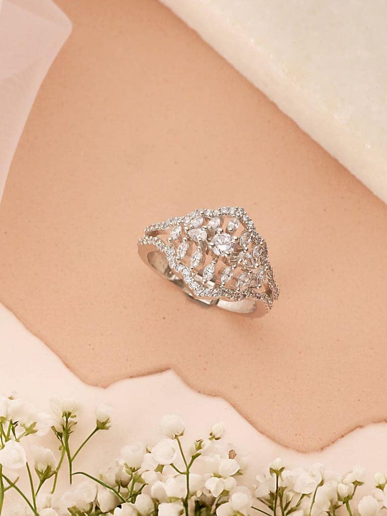 Silver Plated AD Studded Floral Delicate Engagement Finger BandRing view 6