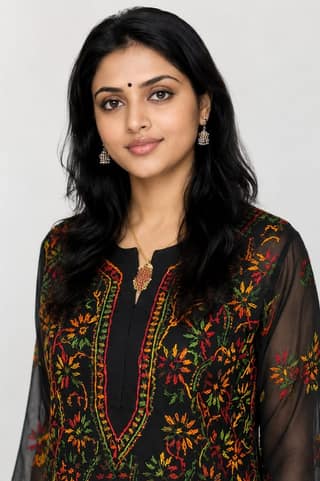 Women's Black Georgette Long Kurta with Multicolour Hand Chikankari Embroidery | 45 Inch Straight Kurti with 3/4 Sleeves & Side Slits