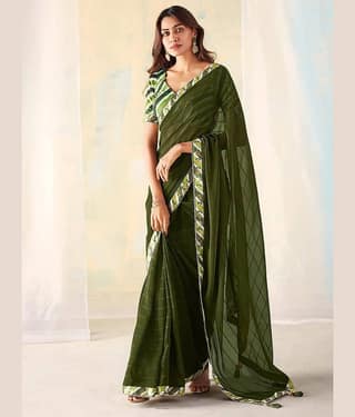 BLEESBURY Georgette Checks Saree With Unstitched Blouse Piece ( Green )