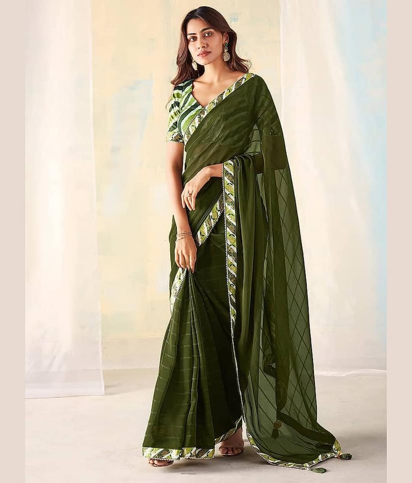 BLEESBURY Georgette Checks Saree With Unstitched Blouse Piece ( Green )