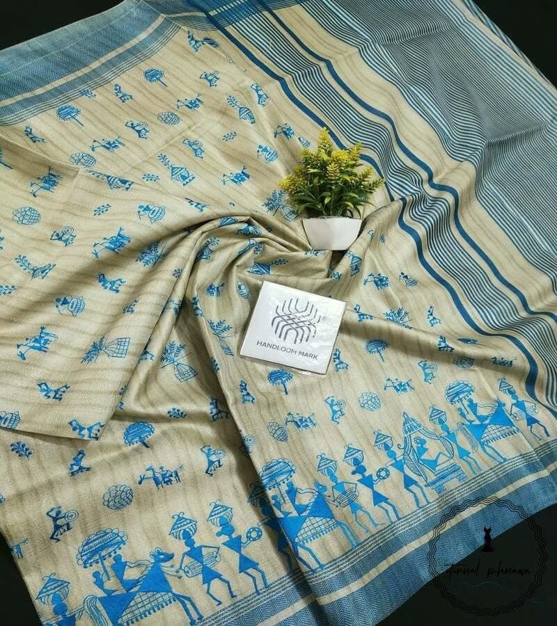 Semi Desi Handloom Tussar Silk With Tribal Embroidery From Chattisgarh view 8