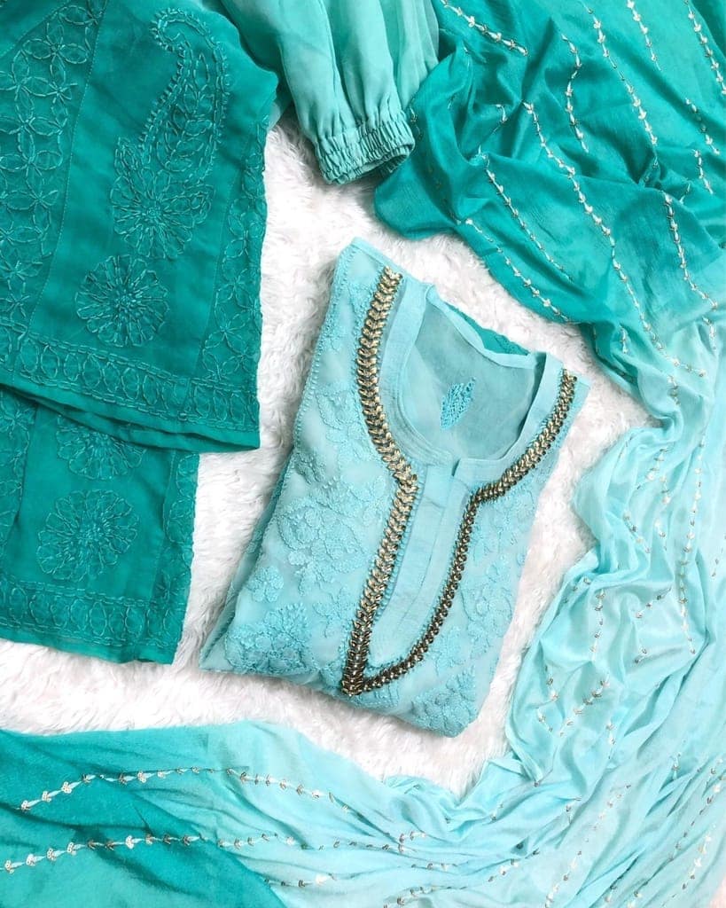 Georgette Chikankari Kurti and Plazo Set Turquoise Blue Color with Dupatta and Inner-4558