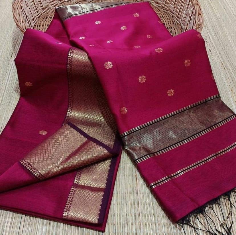 Pure Maheshwari Silk Saree Butta Body Ruby Red Color and running blouse with butta design-3168