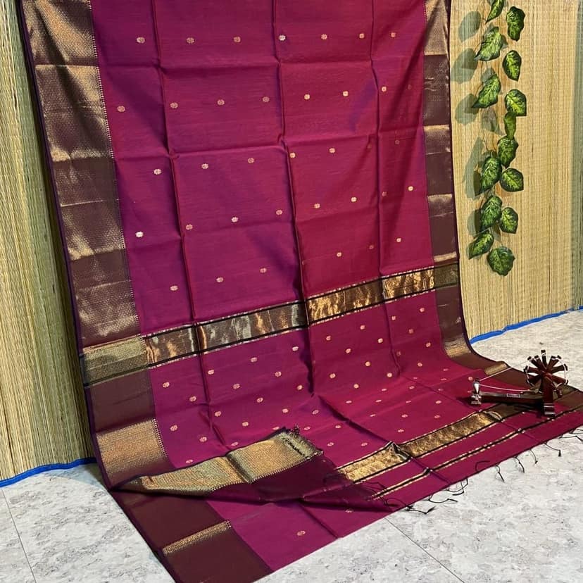 Pure Maheshwari Silk Saree Butta Body Ruby Red Color and running blouse with butta design-3168 view 2