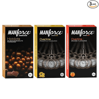 MANFORCE Premium Hotdots Belgian Chocolate with Bigger Dots and Overtime Range (Orange & Pineapple) 3in1 (Ribbed Contour Dotted) Condoms Combo Pack - 10s (Pack of 3) Condom (Set of 3 30 Sheets)