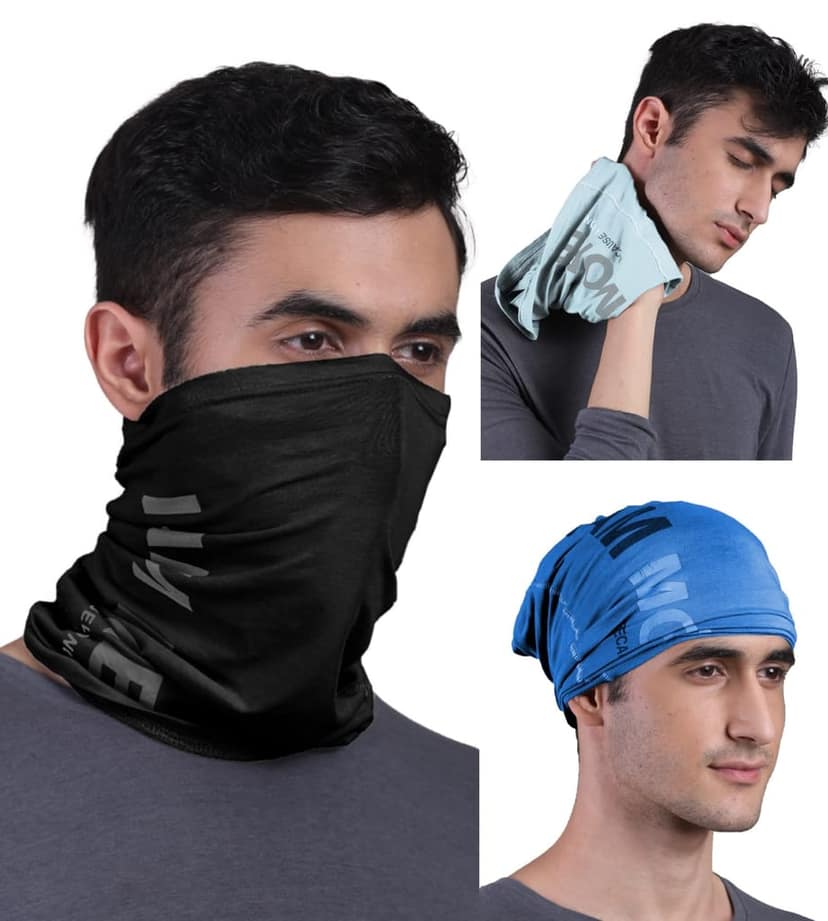 FREECULTR Unisex Bamboo Bandana, Anti Microbial Super Soft & Comfort Fit, Breathable Multipurpose Headband, Face Mask for Dust Protection and Sun - Printed Pack of 3-Black,Chalk Blue,Pilot Blue