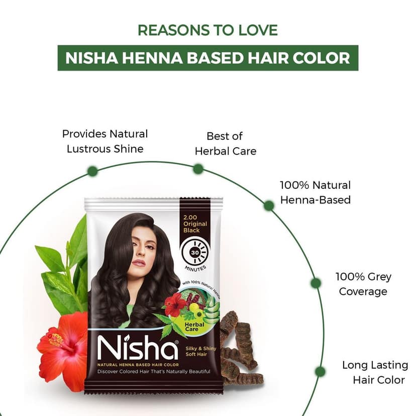 Nisha Henna Based Hair Color Original Black 25g Pack of 10, Ammonia Free Henna Powder Hair Colour Dye Black Hair Color view 6