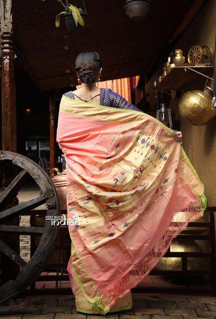Utsaav ~ Traditional Handloom Cotton Paithani in Fresh Peach with contrast Green Border (120 count high Quality Cotton) view 2